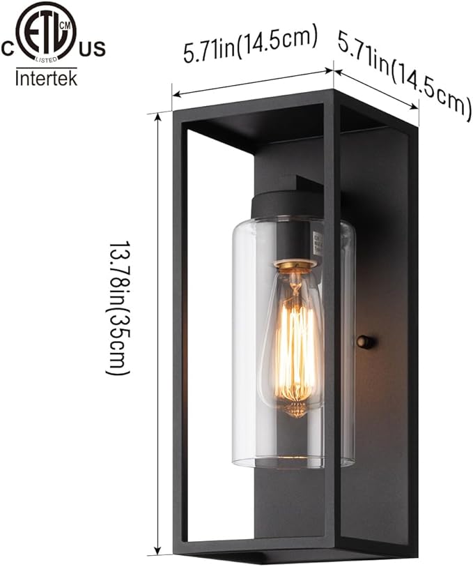 mirrea 2 Pack 14" Classic Outdoor Wall Sconce 1 Light in Cylinder Glass Shade and Matte Black Rectangular Metal Frame Waterproof Porch Light Patio Light