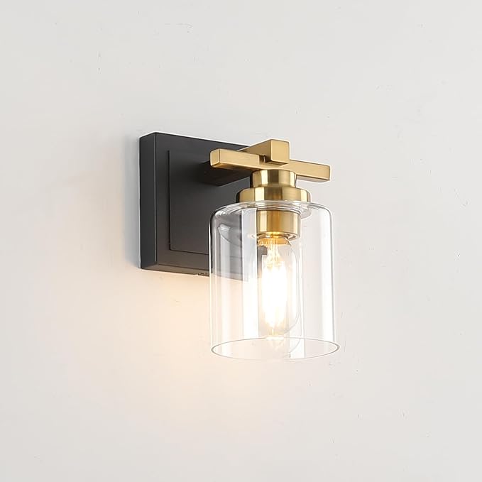 1 Light Modern Bathroom Light Fixtures Over Mirror, Black Gold Vanity Lights for Bathroom Wall Sconces with Clear Glass Shades, E26 Socket (Bulbs Not Included)