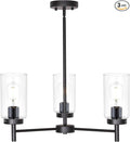 VINLUZ Farmhouse Chandeliers Black 3 Lights with Clear Glass Shades Modern Industrial Pendant Light Dining Room Lighting Fixtures Hanging Adjustable Wire Semi Flush Ceiling Lights