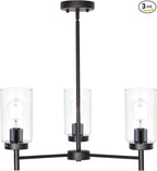 VINLUZ Farmhouse Chandeliers Black 3 Lights with Clear Glass Shades Modern Industrial Pendant Light Dining Room Lighting Fixtures Hanging Adjustable Wire Semi Flush Ceiling Lights