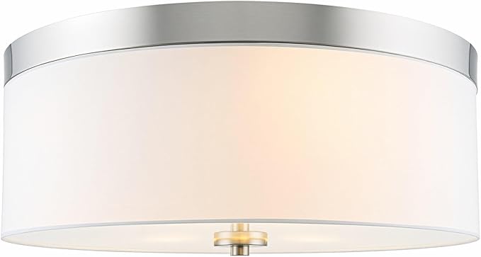 Kira Home Walker 15" Mid-Century Modern 3-Light Flush Mount Ceiling Light, White Fabric Shade + Round Glass Diffuser, Brushed Nickel Finish