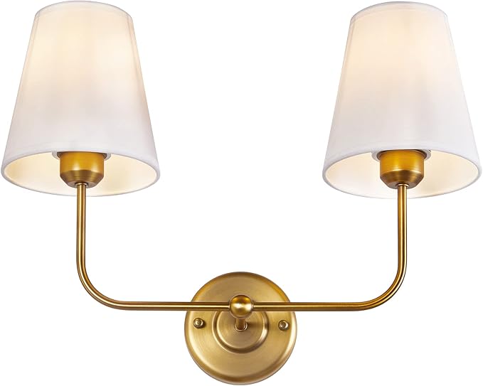 TERLEENART Double Light Wall Sconce with White Fabric Tapered Shades, 2-Light Antique Brass Sconce for Bathroom Vanity Hallway Stairway Living Room