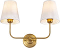 TERLEENART Double Light Wall Sconce with White Fabric Tapered Shades, 2-Light Antique Brass Sconce for Bathroom Vanity Hallway Stairway Living Room