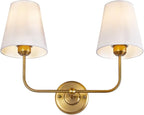 TERLEENART Double Light Wall Sconce with White Fabric Tapered Shades, 2-Light Antique Brass Sconce for Bathroom Vanity Hallway Stairway Living Room
