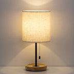 HAITRAL Bedside Table Lamp - Modern Nightstand Lamp with Linen Fabric Shade Wooden Desk Lamps for Bedrooms, Office, College Dorm, Dinning Room, Girls Room - 16 Inches (HT-AD005)