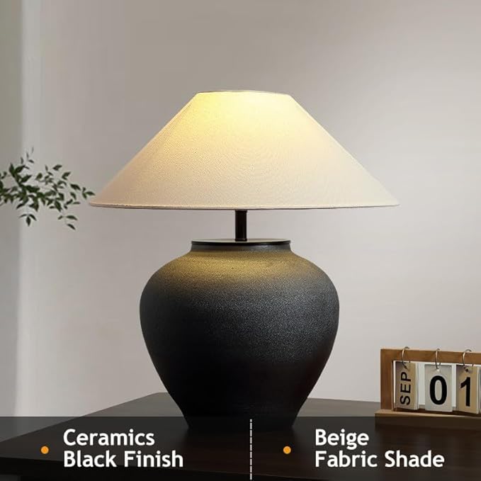 Farmhouse Table Lamps Black 18.8" Tall Ceramic Table Lamp Rustic Southwestern Clay Pot Ceramic Lampshade with Fabric Shade Bedside Nightstand for Living Room Bedroom House Office Entryway (Black)