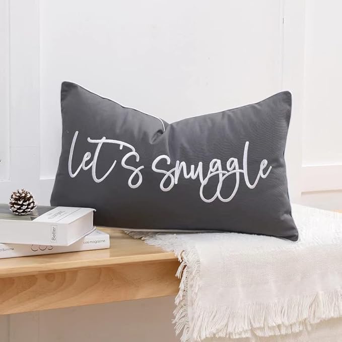 Sunkifover Let's Snuggle Decorative Lumbar Pillow Cover - 12x20 Inch Dark Grey Cotton Embroidery Throw Pillowcase for Bed, Bedroom, Living Room, Home Decor