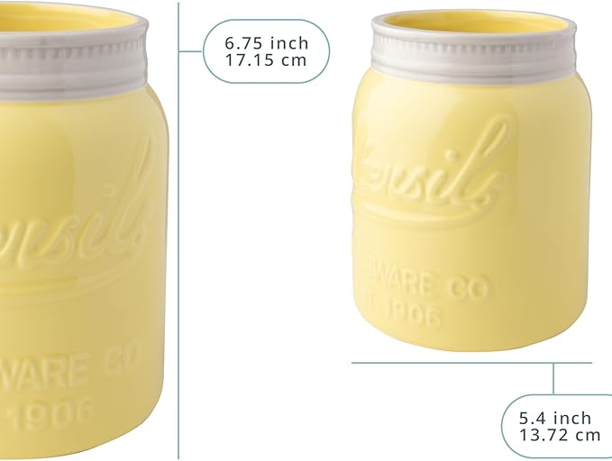 Comfify Wide Mouth Mason Jar Utensil Holder Decorative Kitchenware Organizer Crock, Dishwasher Safe - Kitchen Caddy Green, Large Size 7" High - Yellow