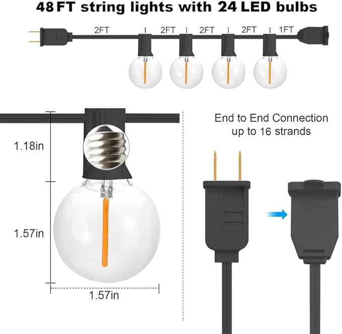 SUNTHIN Outdoor String Lights, 192FT(4x48FT) Patio Lights with G40 Shatterproof LED Bulbs, Hanging String Lights for Outside Backyard, Porch, Deck, Party, Garden