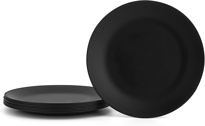 KX-WARE Plastic Plates Set of 8 - Unbreakable and Reusable 9.875 inches Dinner Plates, Black Color | Dishwasher Safe, BPA Free