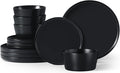 Herogo 12 Pieces Stoneware Dinnerware Set, Service for 4, Dinner Plates and Bowls Sets, Double Reactive Glaze Dishes Set for Kitchen, Scratch Resistant, Dishwasher Safe, Matte Black