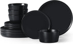Herogo 12 Pieces Stoneware Dinnerware Set, Service for 4, Dinner Plates and Bowls Sets, Double Reactive Glaze Dishes Set for Kitchen, Scratch Resistant, Dishwasher Safe, Matte Black