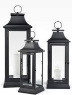 Serene Spaces Living Set of 4 Black Hurricane Lanterns with Clear Glass Panels - Ideal for Home Decor, Parties & Events - Table Top or Hanging Lantern for Indoor & Outdoor Use - Measures 15" Tall