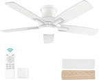YUHAO 42 Inch Flush Mount White Ceiling Fan with Light and Remote Control.Noiseless,Dimmable,3CCT,6 Speeds Reversible, Low Profile DC Ceiling Fans for Indoor Use