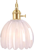 Mini Pendant Light with White Tulip Glass Lmapshade, Brass Vintage Pendant Light Adjustable Hanging Light for Kitchen Island Dining Room Hallway