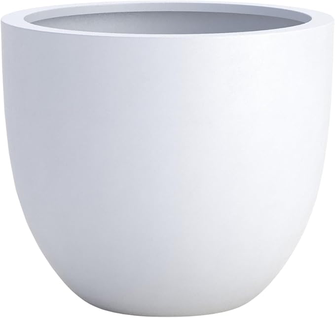DTY Signature Mount Belford Lightweight and Durable Modern Fiberstone Egg Shaped Planter for Indoor Outdoor Drainage Hole & Rubber Plug Weather Resistant, 15" H x 18" Dia, 5.5" Opening - Large, White