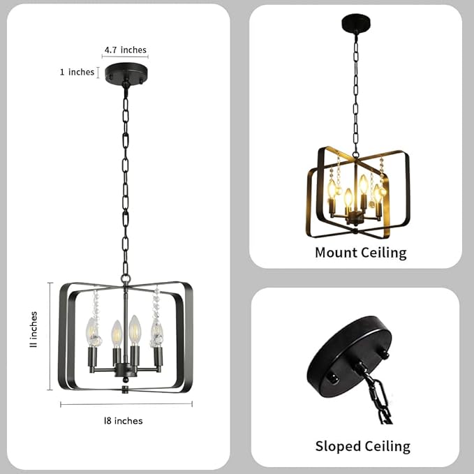 Farmhouse Crystal Chandelier,18 Inch Modern Geometric Rustic Vintage Hanging Pendant Ceiling Light Fixture for Dining Room Bedroom Kitchen Island Hallway Foyer Entryway