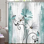 Rustic Farmhouse Shower Curtain, Farm Teal Daisy Floral Flowers and Butterfly on Country Wooden Shower Curtain for Bathroom, Turquoise Blue Bathroom Shower Curtains with 12PCS Hooks, 70X75IN