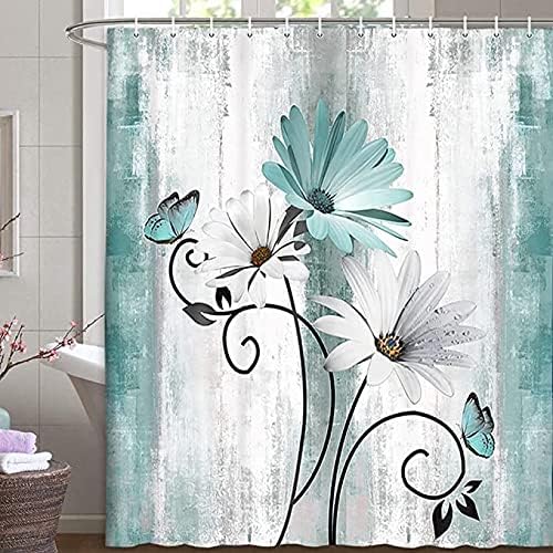 Rustic Farmhouse Shower Curtain, Farm Teal Daisy Floral Flowers and Butterfly on Country Wooden Shower Curtain for Bathroom, Turquoise Blue Bathroom Shower Curtains with 12PCS Hooks, 70X75IN