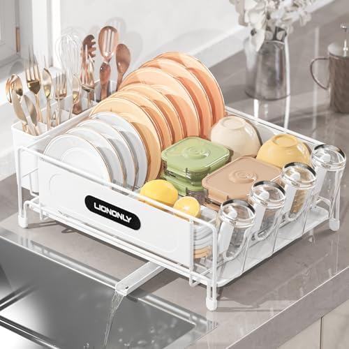 Dish Drying Rack, Dish Racks for Kitchen Counter, 304 Stainless Steel Dish Drainer Drainboard Set with Smart Drainage, 360° Adjustable Spout, Utensil Holder and Cup Holder, White