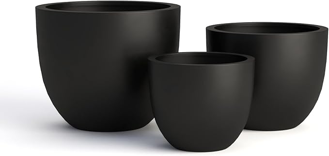 DTY Signature Mount Belford Lightweight and Durable Modern Fiberstone Egg Shaped Planter for Indoor Outdoor Drainage Hole & Rubber Plug Weather Resistant, 10" H x 12" Dia, 10" Opening - Small, Black