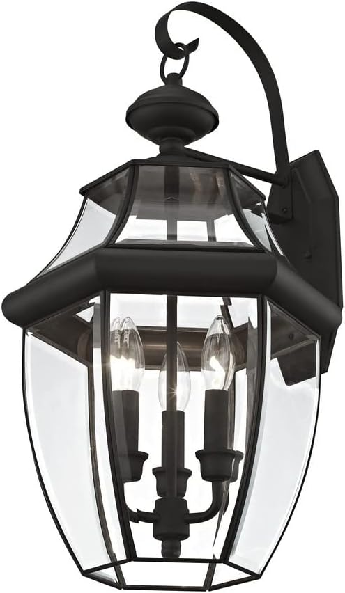Livex Lighting 2351-07 Monterey 3 Light Outdoor Bronze Finish Solid Brass Wall Lantern with Clear Beveled Glass