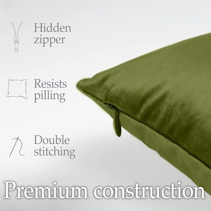lalaLOOM Velvet Throw Pillow Covers, Set of 2, 24x24 Decorative Square Pillows Home Decor, Soft Accent Cases, Silky Machine Washable Pillowcases for Sofa, Couch, Bedroom, Living Room, Moss Green
