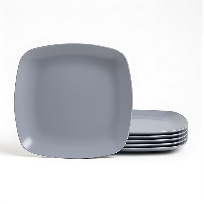 TP 10.5" Melamine Square Dinner Plates, 6-piece Plate Set Unbreakable Serving Dishes for Indoors and Outdoors, Unbreakable Dinner Service for 6, Gray