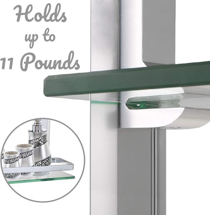 2-Tier Bathroom Glass Shelves, Wall Mounted Tempered Glass Shelf Organizer Storage Holder with 14 Inch Rectangular Glass (8mm Thick) and Aluminum Rail for Shower Lavatory, Hardware Included