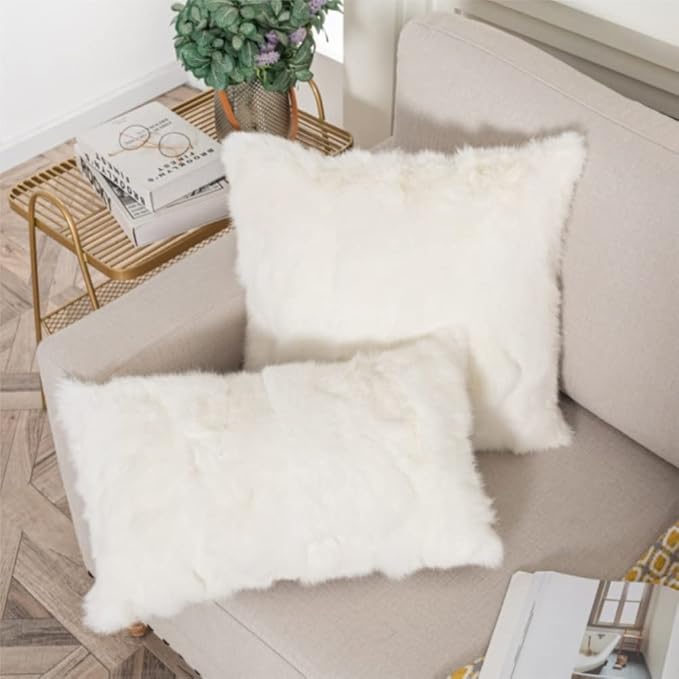 Rabbit Hide Skin Fur Pillow Case Cushion Cover Leather Fur Throw Decorative Pillowcase for Living Room,Beds (White, 50×50cm（20in×20in）)