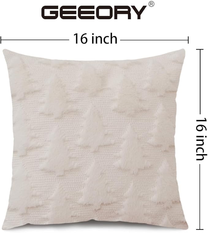 GEEORY Christmas Tree Throw Pillow Covers 16x16 Inch Set of 2, Xmas Winter Soft Plush Faux Fur Wool Decorative Farmhouse Holiday Cushion Case for Home Decoration (Beige) GC004-16