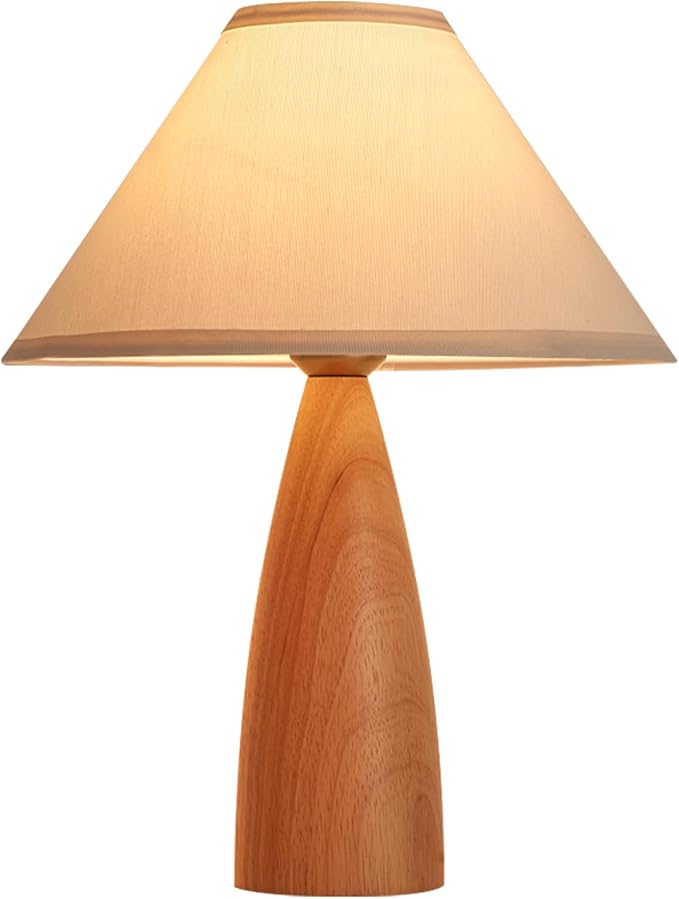 Bedside Table Lamp for Bedroom, Mid-Century Modern Plug in Fabric Shade & Solid Wood Base Desk Lamp, Plug & Play Natural Wood Nightstand Lamp for Living Room, Office, Switch Power Cord 【Bulb Included】