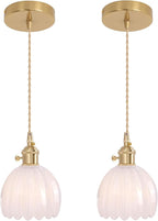Mini Pendant Light 2 Pack with White Tulip Glass Lmapshade, Brass Vintage Pendant Light Adjustable Hanging Light for Kitchen Island Dining Room Hallway