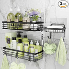 Orimade Adhesive Shower Caddy Soap Dish Holder Shelf with 5 Hooks Bathroom Organizer Basket Kitchen Storage Rack Wall Mounted No Drilling Stainless Steel - 3 Pack, Black