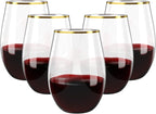 FOCUSLINE 20pcs 16 Oz Plastic Wine Glasses, Stemless Gold Rim, Heavy Duty Disposable Drinking Cups, Reusable Shatterproof for Party & Wedding