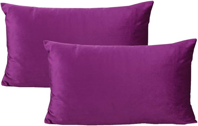 12x20 Inch Set of 2 Rectangle Lumbar Velvet Soft Throw Pillow Cases Solid Cushion Covers Home Decorative for Couch Sofa Bedroom, Purple Magenta