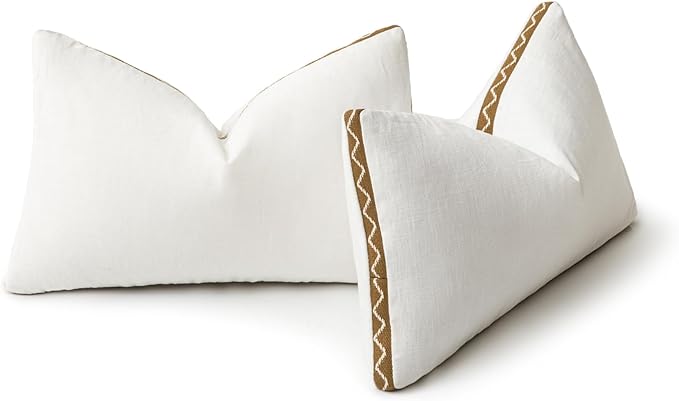 Decorative Neutral Linen Throw Pillow Covers 12x20 Inch Set of 2, Cream White Boho Farmhouse Pillow Covers with Braid Fringe for Sofa Bed Modern Couch Pillow Cases for Organic Home Decor