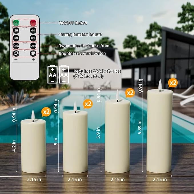 Outdoor Candles with Timer Waterproof: Set of 8 2.2''×4'' 5'' 6'' 7'' Flameless LED Pillar Candles with Remote Battery Candles Flicking Ivory for Fireplace Halloween Patio Centerpieces