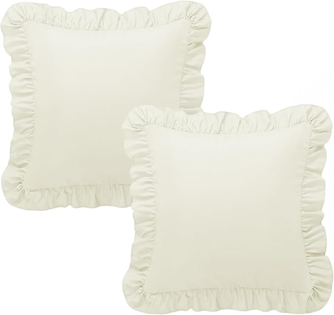 KKJIAF Ruffle Pillow Cases 18x18 Inches, Beige Square Ruffled Pillow Covers Set of 2, Microfiber Wrinkle Resistant Pillow Shams with Envelope Closure for Sofa Bed Living Room