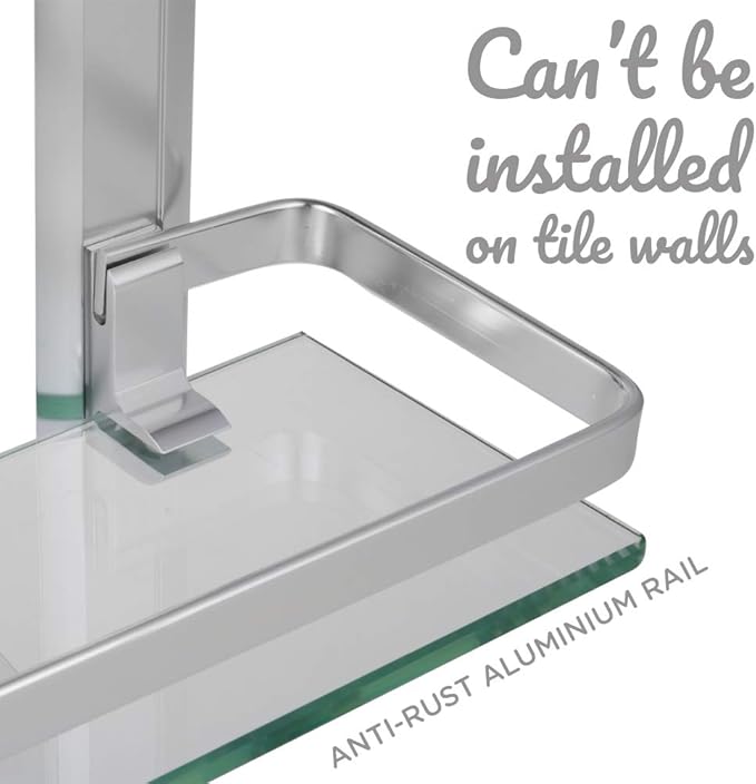 2-Tier Bathroom Glass Shelves, Wall Mounted Tempered Glass Shelf Organizer Storage Holder with 14 Inch Rectangular Glass (8mm Thick) and Aluminum Rail for Shower Lavatory, Hardware Included