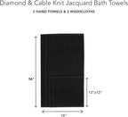 Texere 100% Organic Cotton Diamond Jacquard 700 GSM Luxury Bath Towel Sets - Ultra Soft and Absorbent Hotel and Spa Quality (Diamond, Black, 2 Hand & 2 Wash Towels)