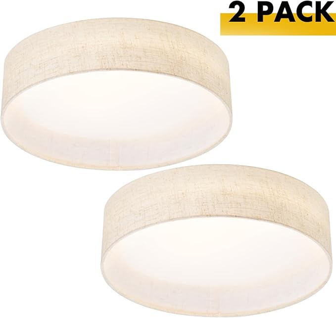 Hamilyeah LED Flush Mount Ceiling Light Fixture Set of 2, Dimmable Ceiling Light Fixture with Fabric Shade 24W 12inch 5CCT, Drum Light Fixture Ceiling Mount for Living Room, Kitchen, Bathroom, Bedroom