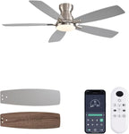 52inch Flush Mount Ceiling Fans with Lights and Remote Control/APP Control, DC Reversible Motor, Noiseless, Dimmable, Low Profile Nickel Ceiling Fan for Bedroom Indoor/Outdoor Use
