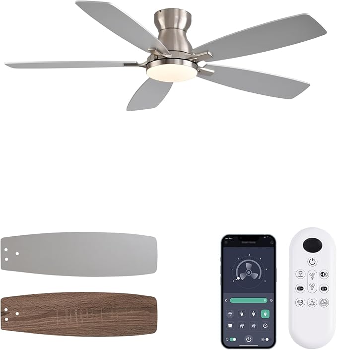52inch Flush Mount Ceiling Fans with Lights and Remote Control/APP Control, DC Reversible Motor, Noiseless, Dimmable, Low Profile Nickel Ceiling Fan for Bedroom Indoor/Outdoor Use