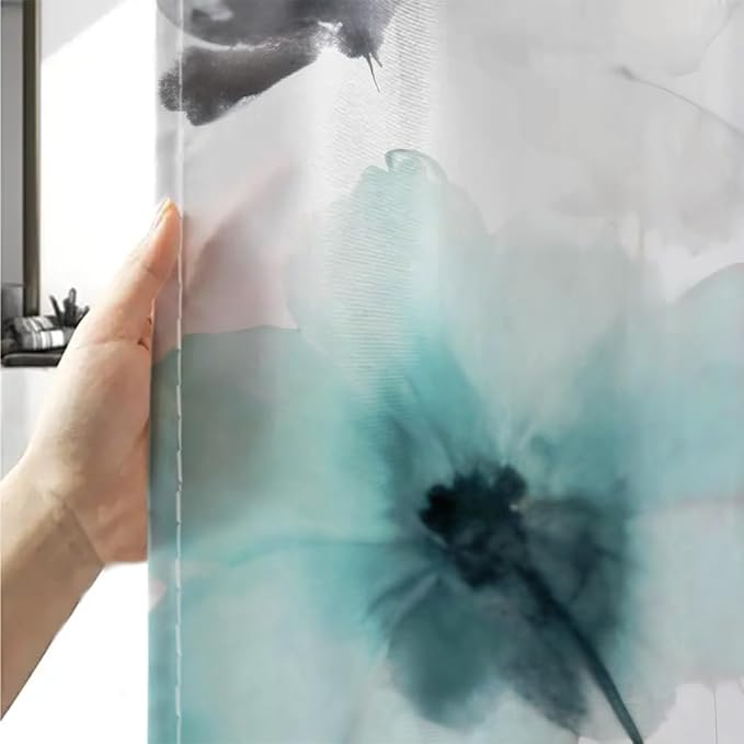 Boho Floral Shower Curtain, Cream Tan Beige Teal Grey White Flower Farmhouse Fabric Shower Curtains Set for Bathroom Decorative with Hooks 60 X 72 inch Spring Bath Decor