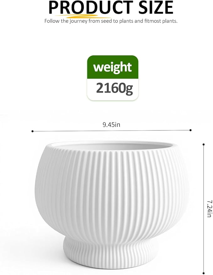 OXART 9.4 Inch Plant Pots, Ceramic Planters for Indoor Plants, Outdoor Flower Pots for Plants with Drainage Holes, Decorative Pot for Flowers & Herbs, No Trays, White