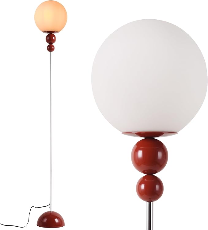 Modern Glass Floor Lamp for Bedroom, 63'' Vintage Mid-Century Floor Lamp with Milky White Frosted Glass Globe Shade for Living Room Corner, Slim Standing Reading Lamp for Office Decor (Dark Red)