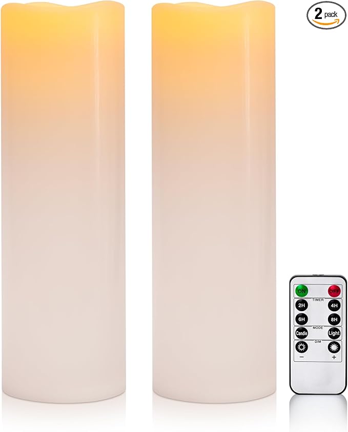4" x 14" White Large Waterproof Outdoor Flameless Candles Battery Operated LED Flickering Pillar Candles with Remote and Timer for Indoor Outdoor Lanterns, Long Lasting, Set of 2