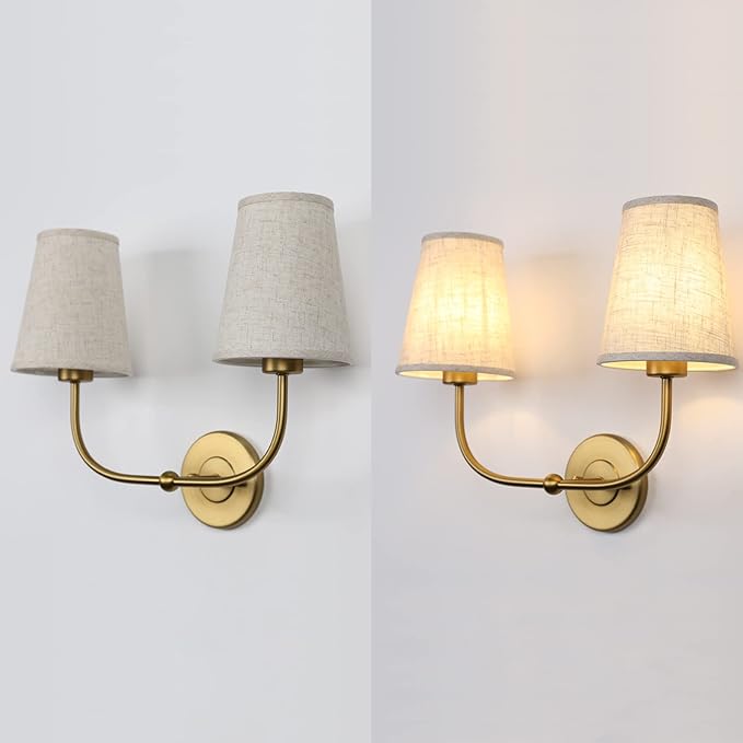 2-Lights Wall Sconces with Funnel Linen Fabric Shades, Double Light Wall Lamps for Bedroom Living Room Vanity Bathroom Hallway Stairway