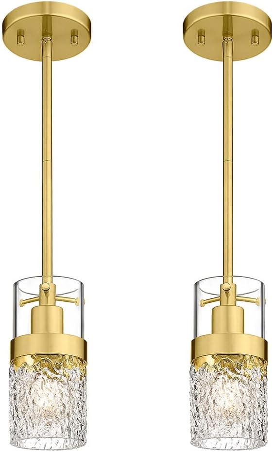 LMS 2-Pack Modern Pendant Lights, Brushed Gold Pendant Light Kitchen Island with Hammered Glass, Adjustable Hanging Light Fixtures for Kitchen, Dining Room, Living Room, LMS-171GD2